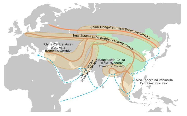 Figure 1: BRI economic corridors spanning Asia, Europe and Africa. Source: Losos E. et al., 2019.