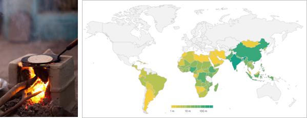 Figure 1: (a) Chulha: traditional open fire cook stove in India Source: IASToppers, n.d. (b) Population relying on biomass - 2018 - Source: IEA SDG 7- Data and Projections