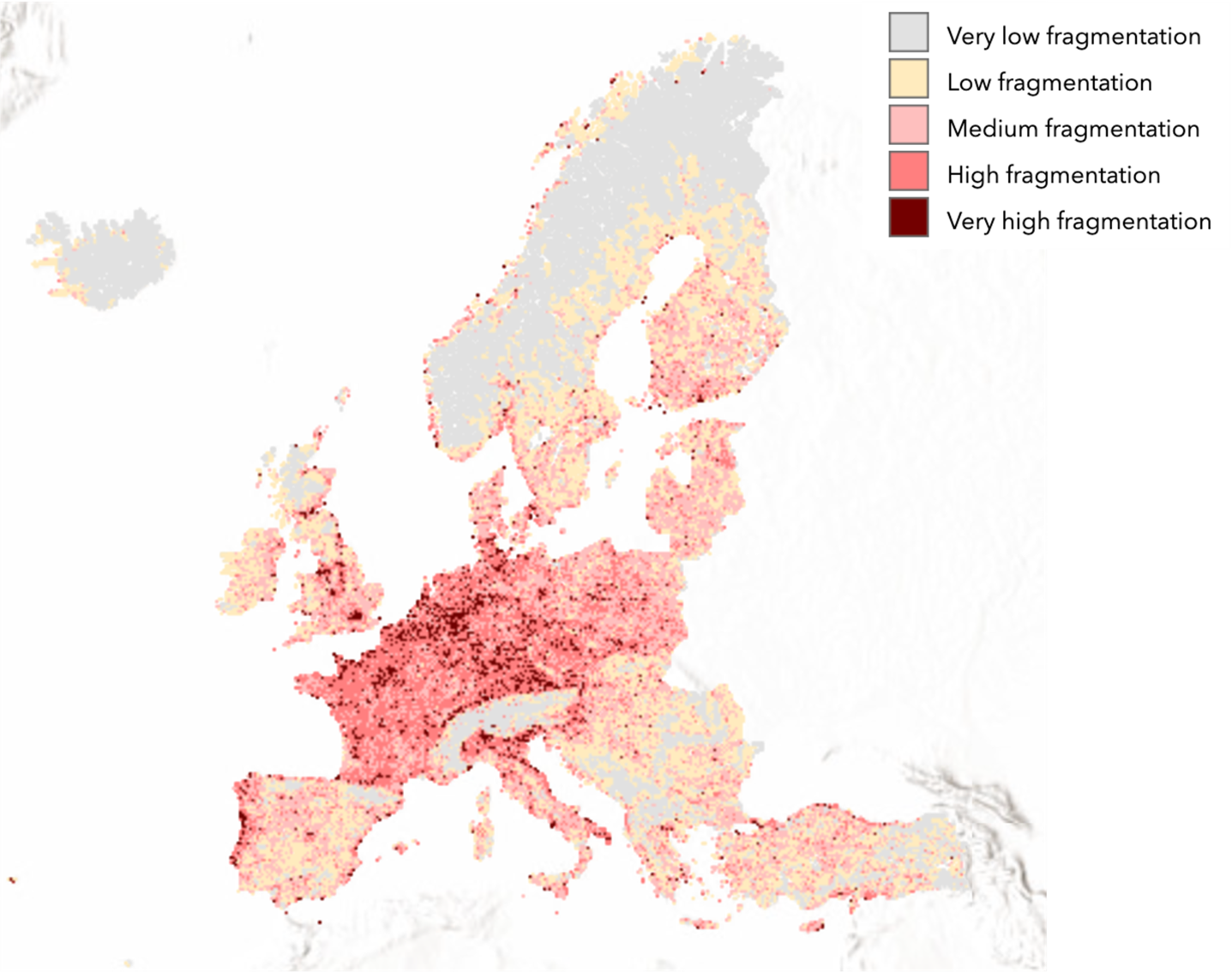 Figure 1: Map of Europe with the ratio of fragmentation defined by different parameters. Scale of 1:2000km. For more information, visit source [1].