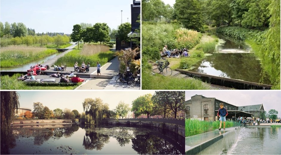 Figure 8:Collection of pictures of the Westergaspark close to Amsterdam. An old gas factory is transformed into a cultural park and event hall with restaurants. Phytoremediation is present by the trees and the water is used to stop the pollution from spreading [19], [20]