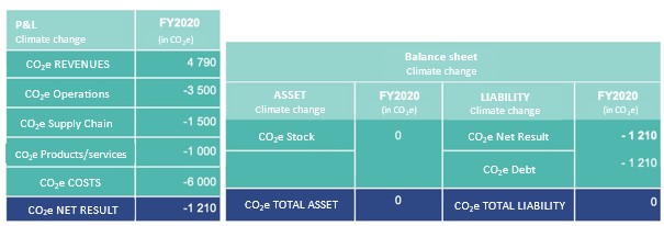 Figure 3: Non-financial P&L and balance sheet presentation for the "climate change" limit, translated from French to English (C3D – ORÉE – ORSE, 2021)