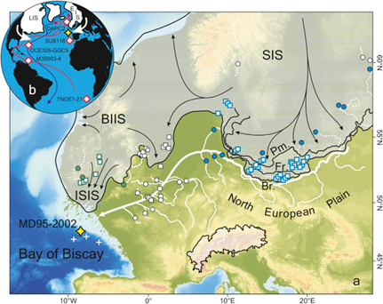 Carte de l’Europe il y a 20 000 ans d’après Toucanne et al. (2015). Les zones blanchies correspondent à des calottes polaires.