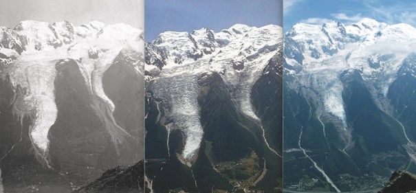 Le recul des glaciers des Bosson et de Taconnaz : 1920, 1983, et 2011 (de gauche à droite). 