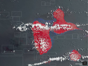 Image capturée par le satellite Sentinel-2 le 6 juillet 2019, et traitée pour mettre en lumière la végétation en rouge. Les points roses (encadrés) dans l'océan marquent la présence de sargasses à la surface tandis que les points sombres marquent les algues en profondeur. Copernicus Sentinel/ESA