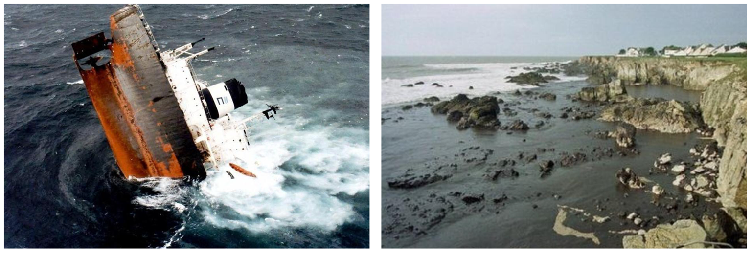 Naufrage du pétrolier de Total, l’Erika en 1999 au large des côtes bretonnes, provoquant une marée noire d’ampleur, sources : Ouest France, France 24