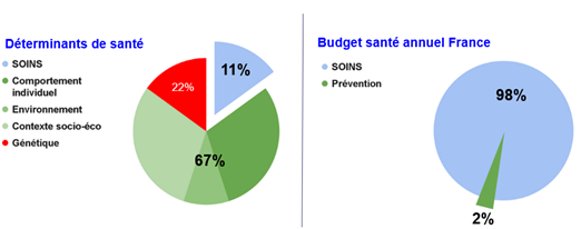 Figure N°4 : Comparaison du budget de dépense dans la santé en France (DREES, 2019) et des déterminants de la santé d’une population (GoInvo, 2018)