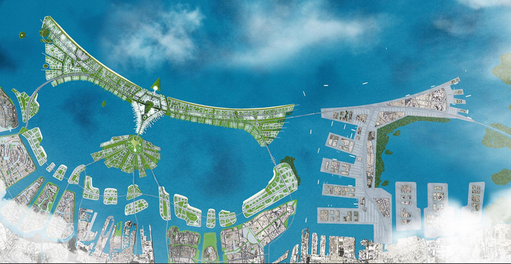 The Great Sea Wall and artificial islands in Jakarta Bay; rendering of the project before it was scaled down. [KuiperCompagnons]